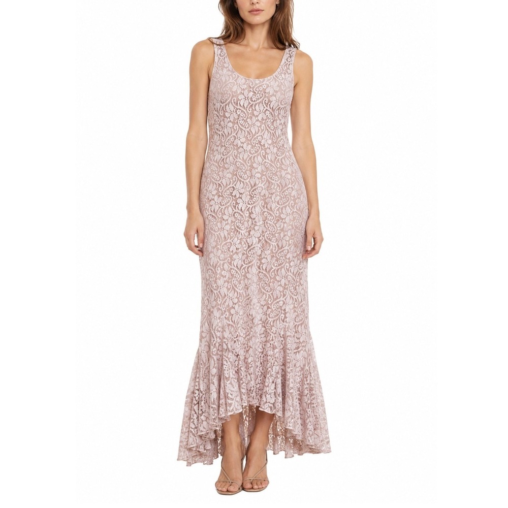 90s Sara Mique New York Lace Fishtail Maxi Dress Pink Floral Sheer Vintage Large